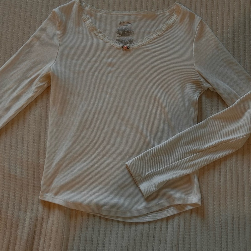 Art Class White Ribbed Top with Lace Detail